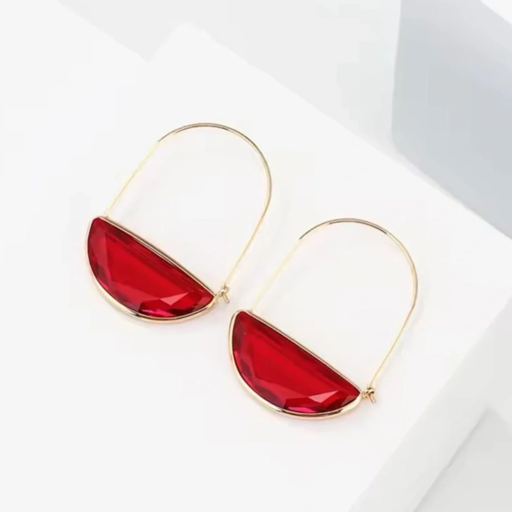 Red Crescent Glass Closed Hoops Earrings - Picture 3 of 11